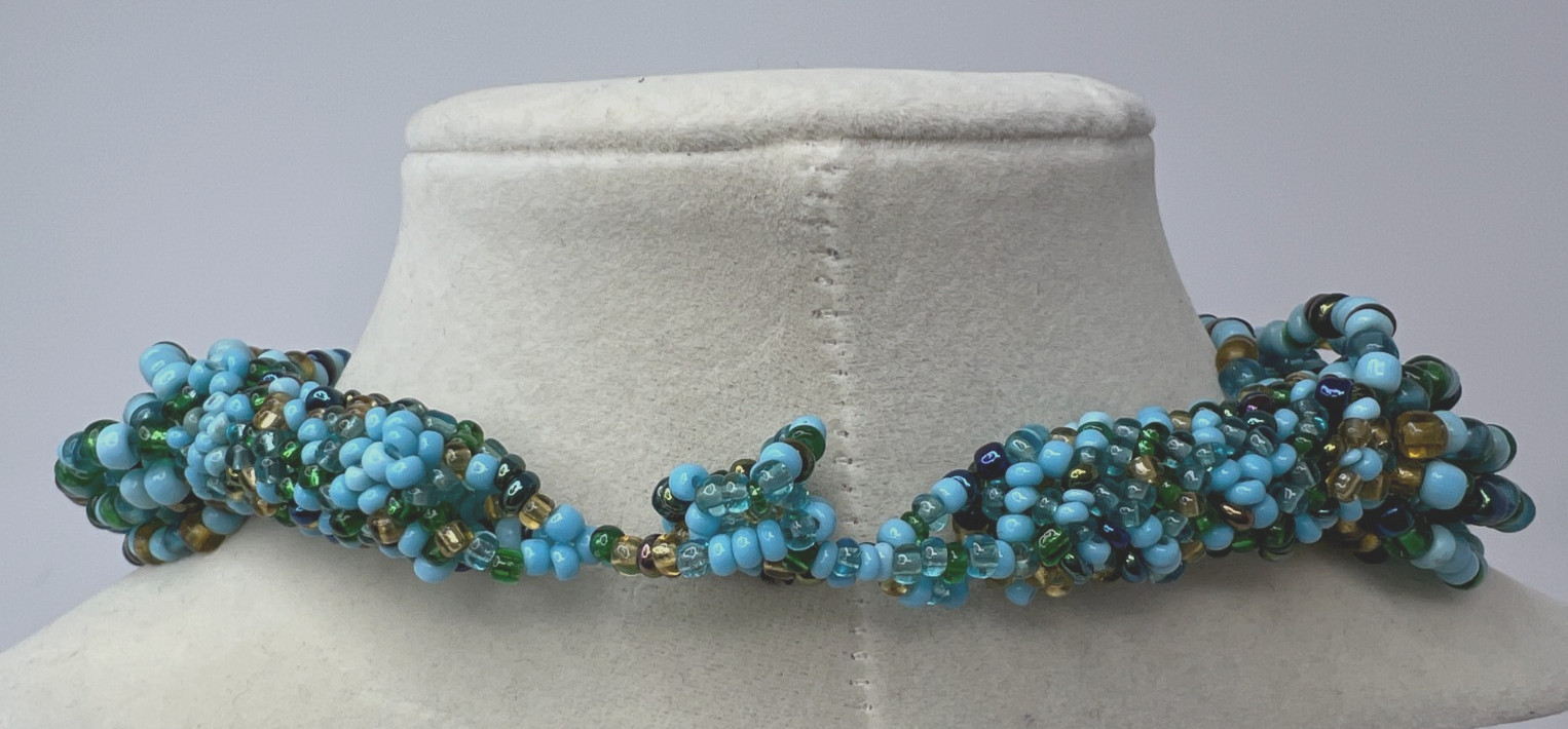 Vintage Lovely 15 Strand Beaded Statement Necklace Blue Green Gold 20″