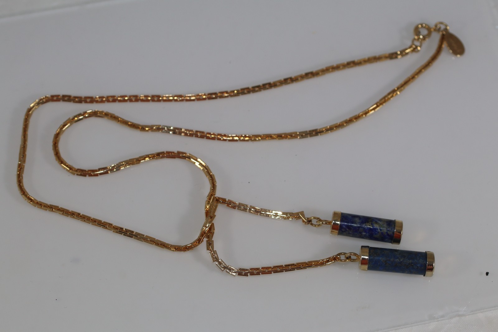 Vintage Hobé Gold Tone Lariat Sautoir Necklace Genuine Sodalite Stone Tassel
