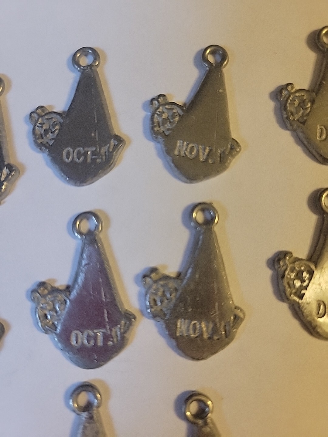 23 Metal STORK BABY Charm Pendants 10 Months VINTAGE 1st Of Month Dates 1 Inch