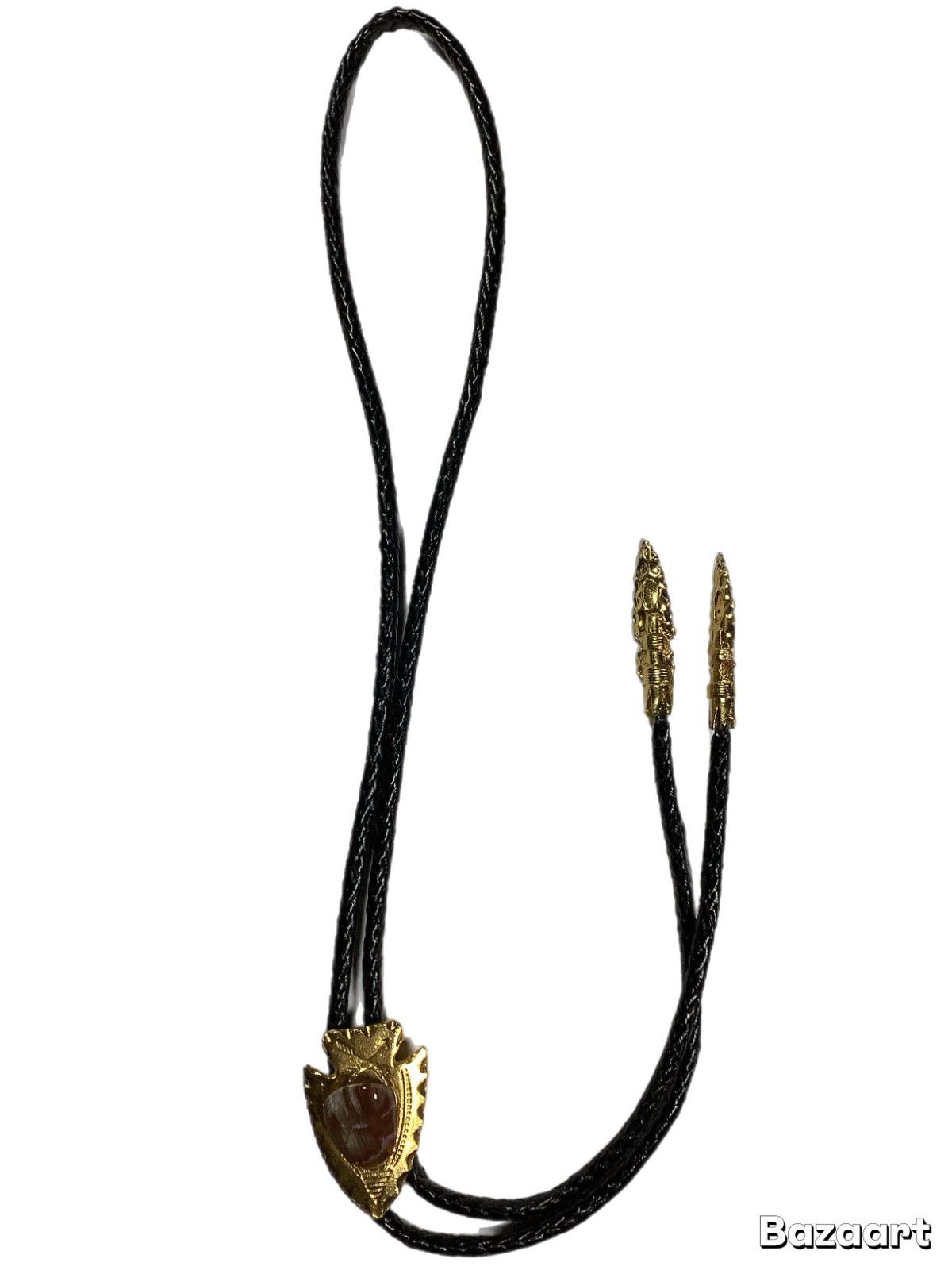 Vintage Gold Tone Arrowhead Bolo Tie Amber Stone Black Leather Cord (217)