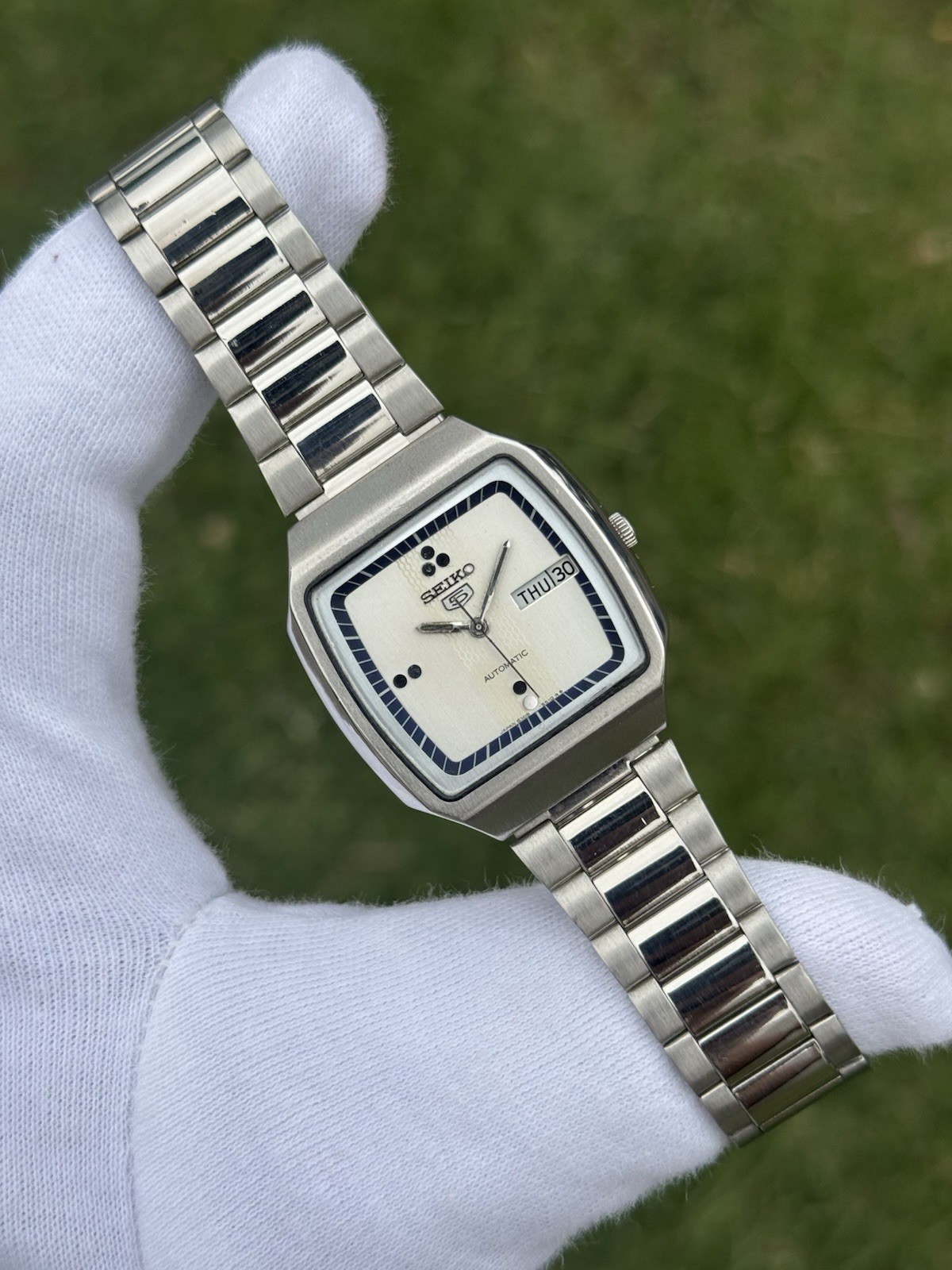 Vintage Seiko 5 Automatic 6309 Mens WristWatch Silver TV Dial Day Date Japan 21J