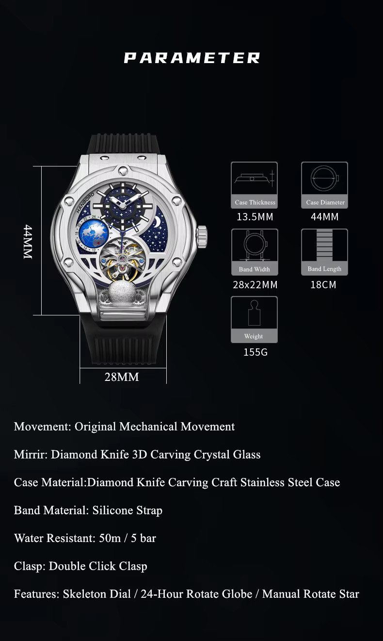 HANBORO Men Automatic Watch Sapphire Crystal Stainless Steel Skeleton H980 Silve