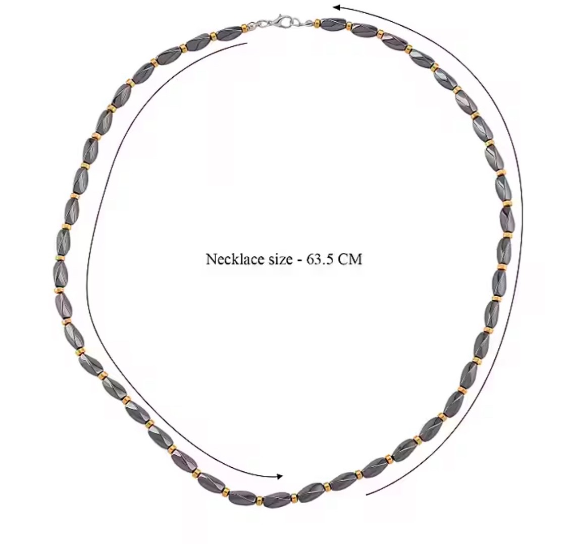 Deep Black Hematite Beaded Bead Necklace (Size – 25) Pure Alloy 200ct + Pouch