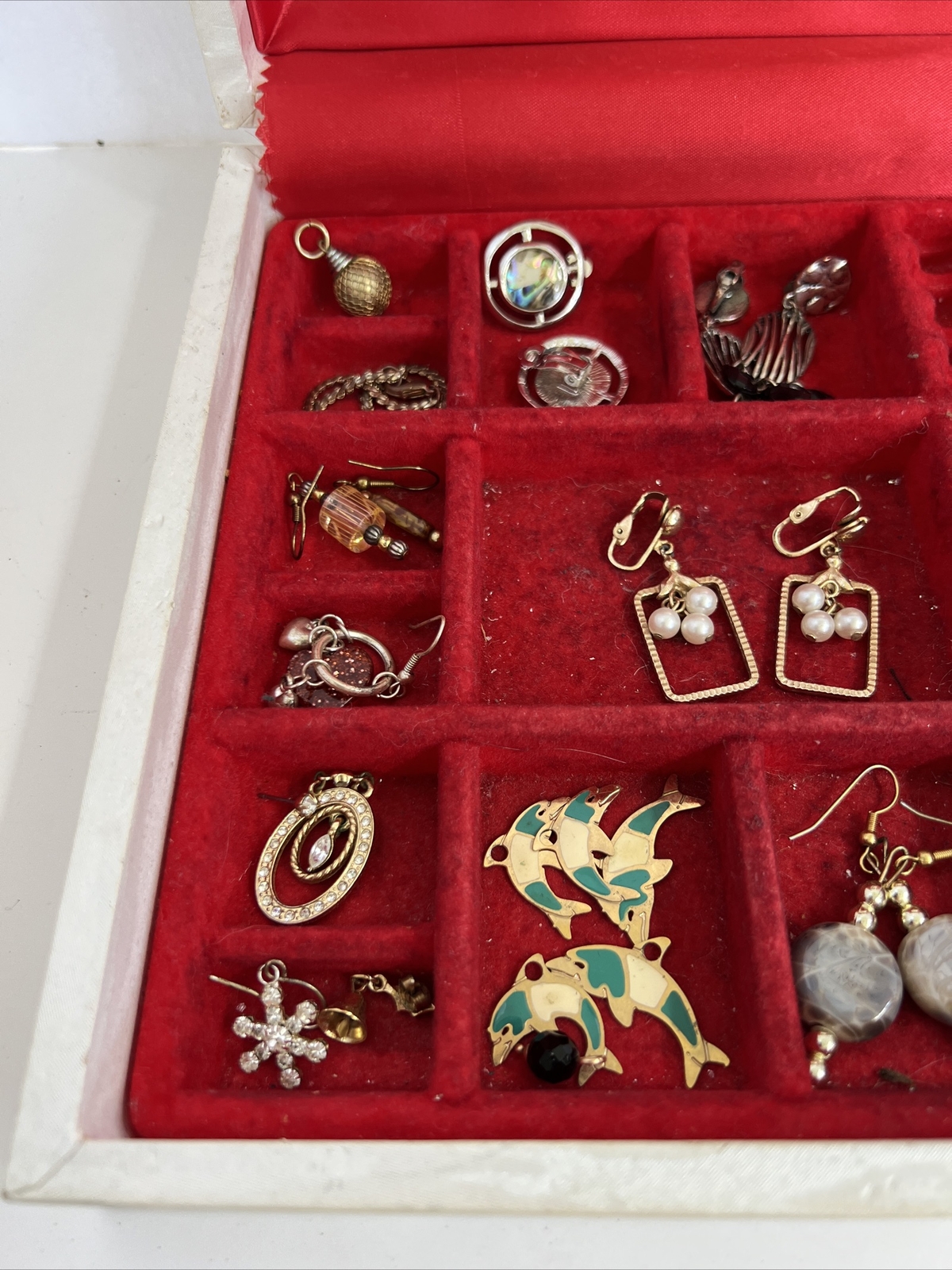 Jewerly Box and Lot of Costume Earrings Some Clip-on Some Pierced Some Single