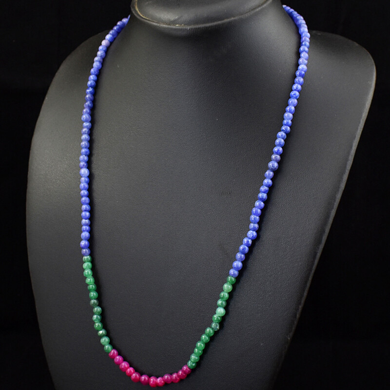 90.00 Cts Earth Mined Ruby, Emerald & Sapphire Round Beads Necklace JK 04E203