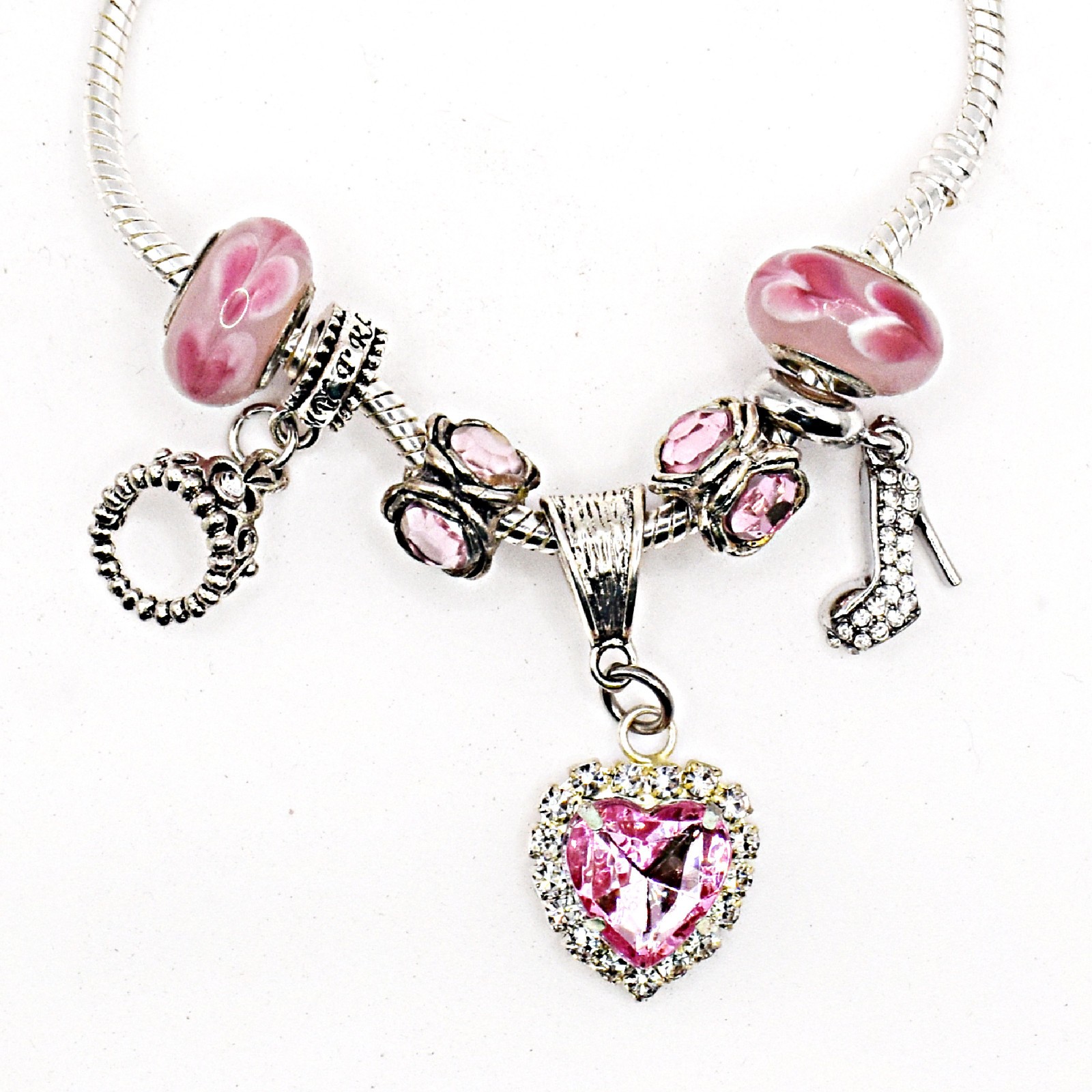 Murano Glass Beads 7 Pieces Pink with Rhinestones 7 Pieces New