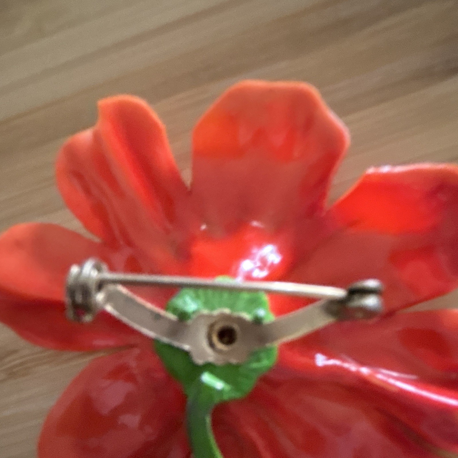 Vintage Red & Green Delicate Plastic Flower Brooch Pin Yellow & Black Accents