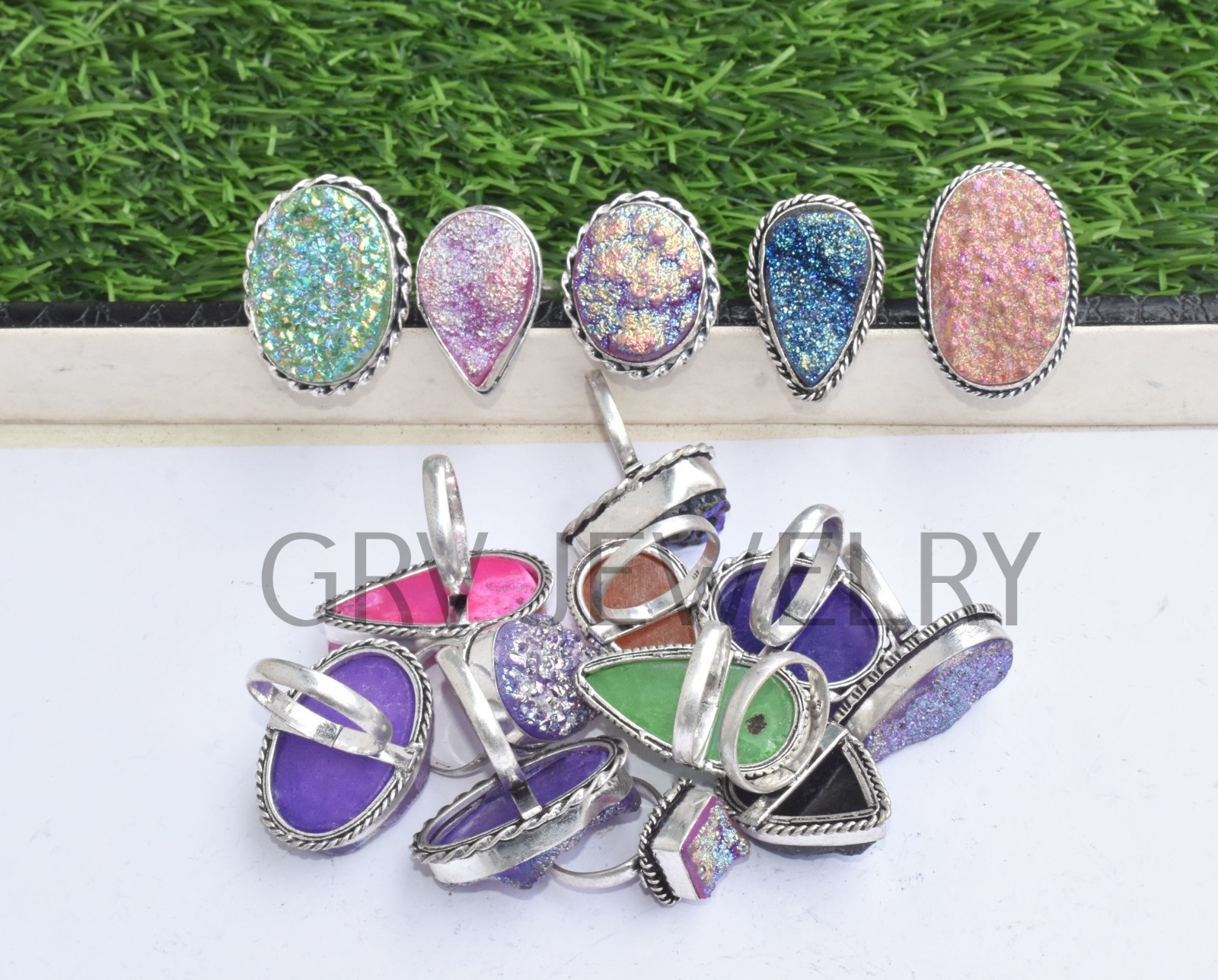 1-500 Pcs Coated Druzy In Wholesale Gemstone Rings Lot: Silver Plated Whr-69