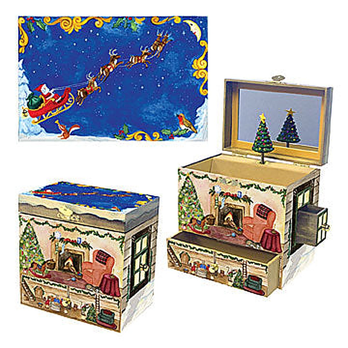 Christmas Musical Jewelry Box Kids Girls Boys Wooden Spinning Santa Music Box