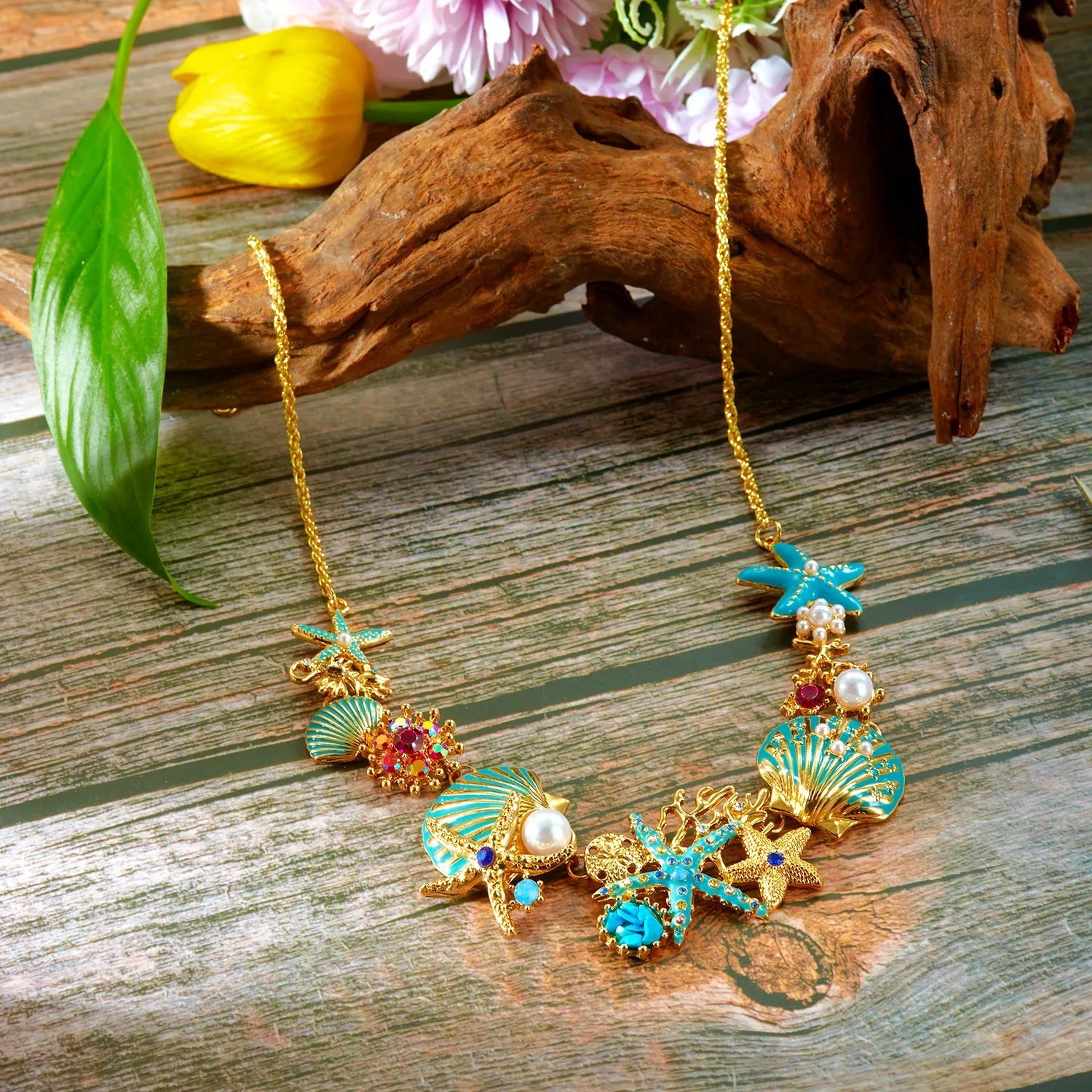 Starfish Seashell Necklace Pearls Beach Nautical Statement Bib Jewelry Chain