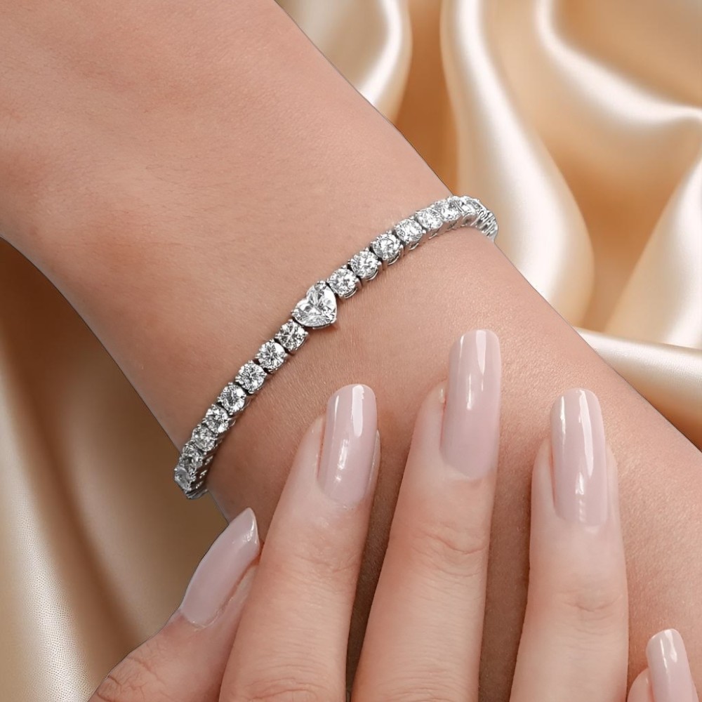 14K White Gold Heart Cut Diamond Bracelet 7 Carat GLI Lab Grown Womens