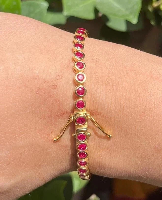 9Ct Round Lab-Created Red Ruby Tennis Bracelet 14K Yellow Gold Plated 7.5inch