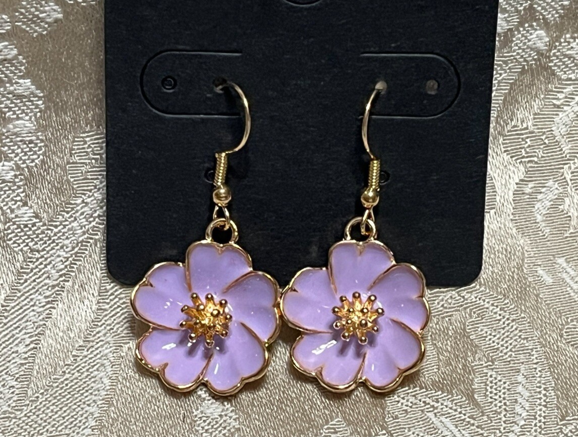 Vintage Purple Floral Enamel Gold Dangle Fashion Bohemian Casual Fun Earrings
