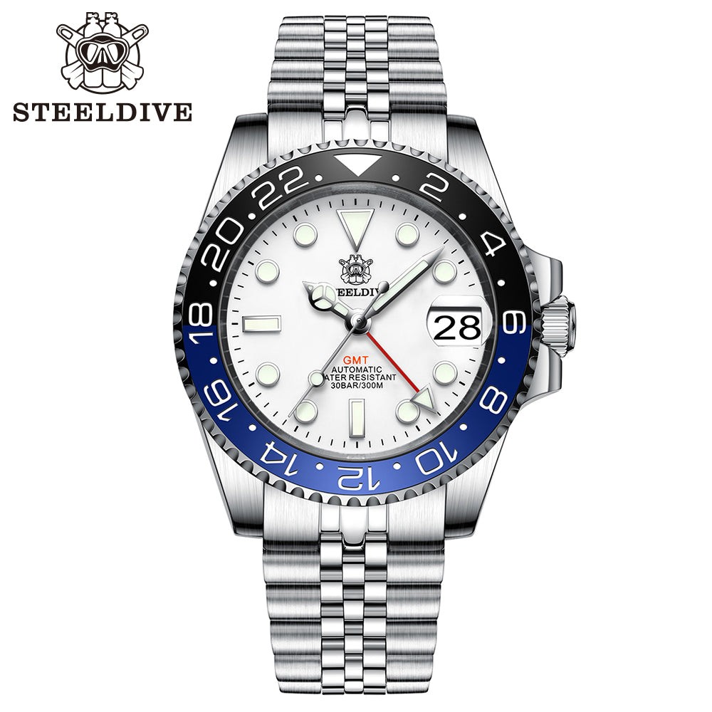 STEELDIVE SD1993 Mens GMT 300M Automatic Dive Watch Steel White