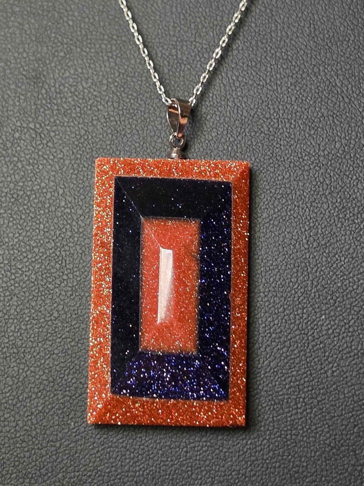 Goldstone Pendant Blue Orange Glitter Glass Geometric Rectangle 1.75″