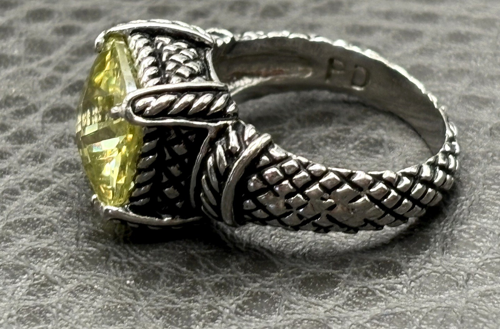 Designer Silver Tone Yellow CZ Faux Citrine Cushion Cut Ring Cable Woven Band 7
