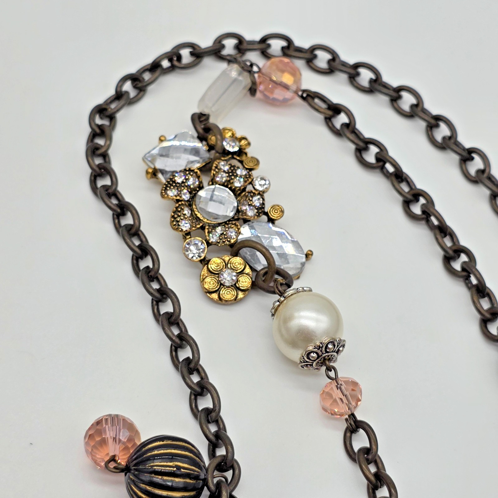 Plunder ADRIENNE Vintage Bronze Pearl Mannequin Key Tassel Charm Necklace 32”