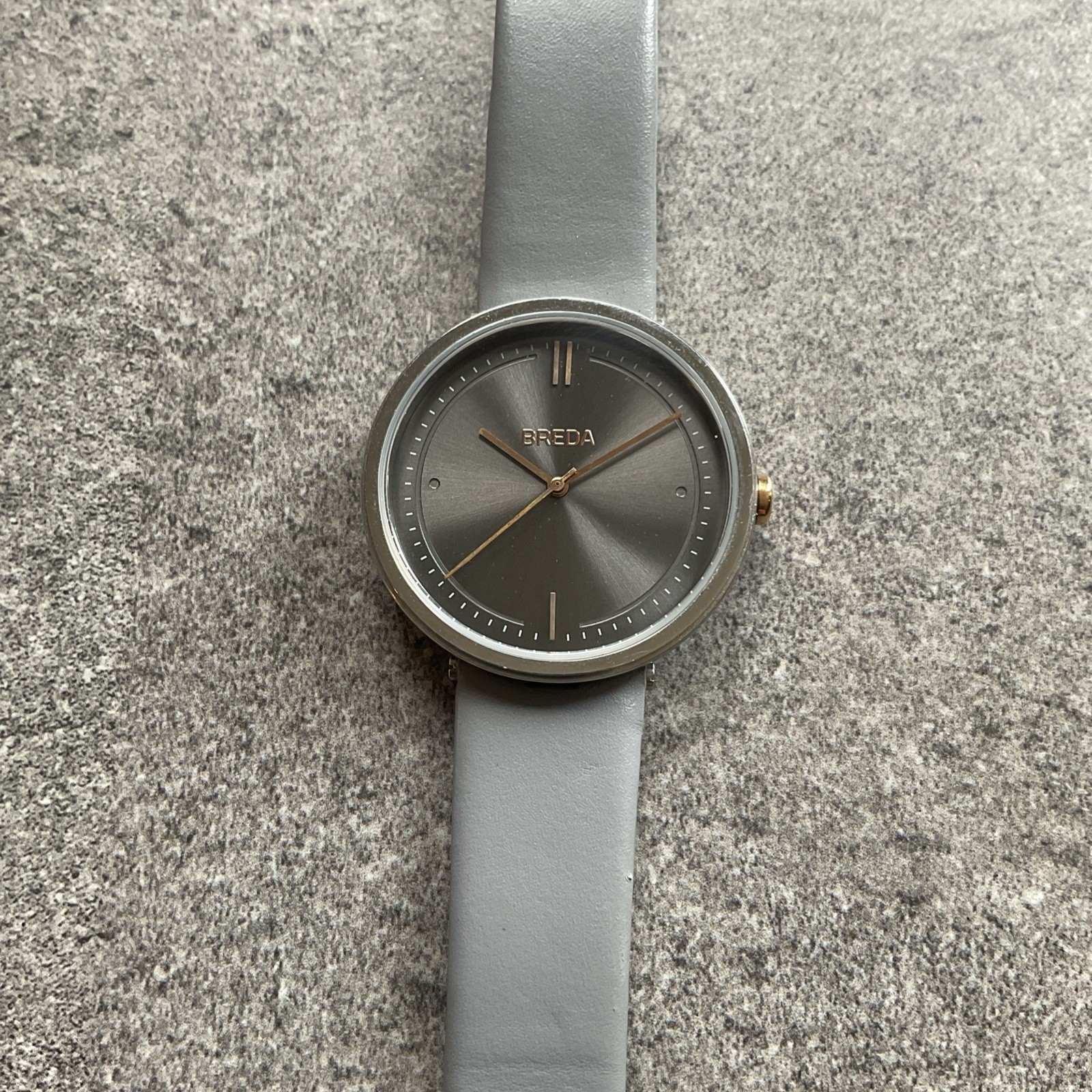 Breda Womens Watch 34mm Silver Tone Case Gray Leather Band Bin Z