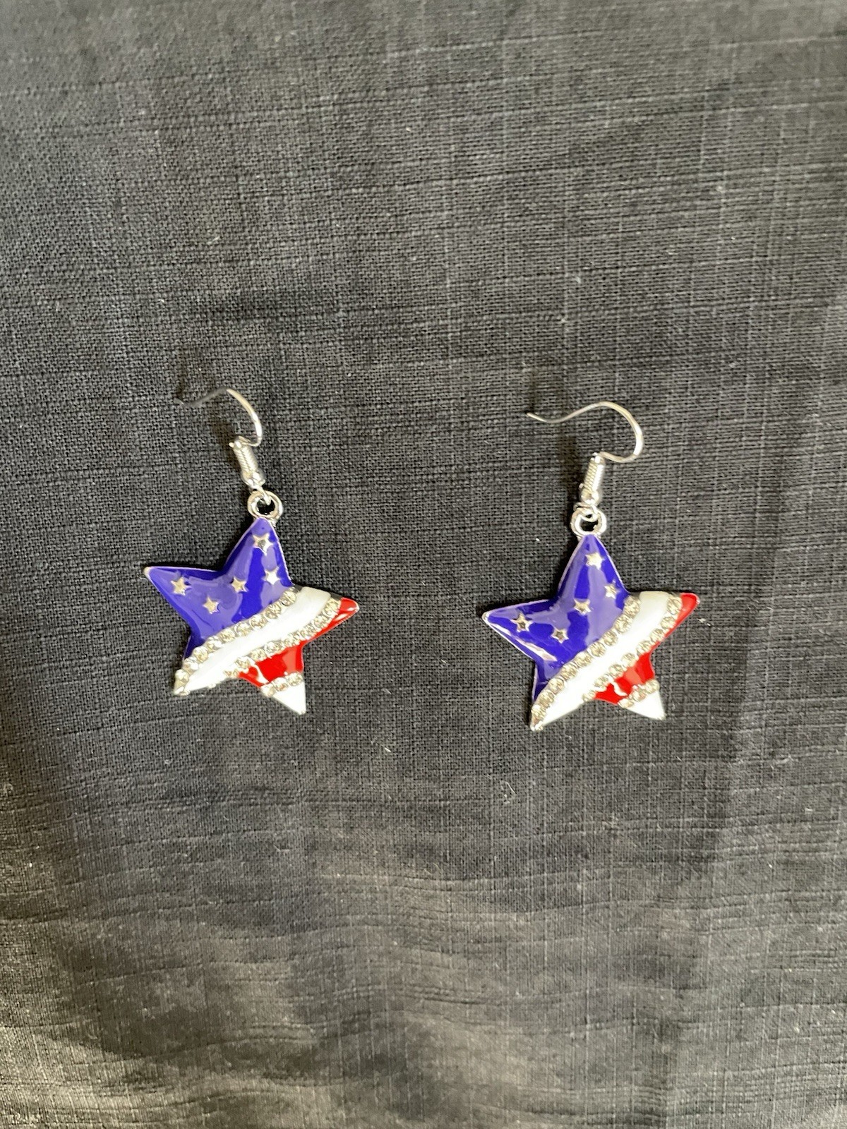Patriotic Star Dangle/Drop Hook Earrings Red White Blue Enamel No Stone