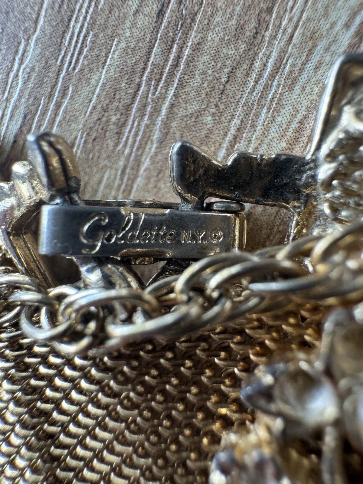 Goldette N.Y.C. Gold Tone Mesh Chain Bracelet Pearl Charms Signed Box 7 in