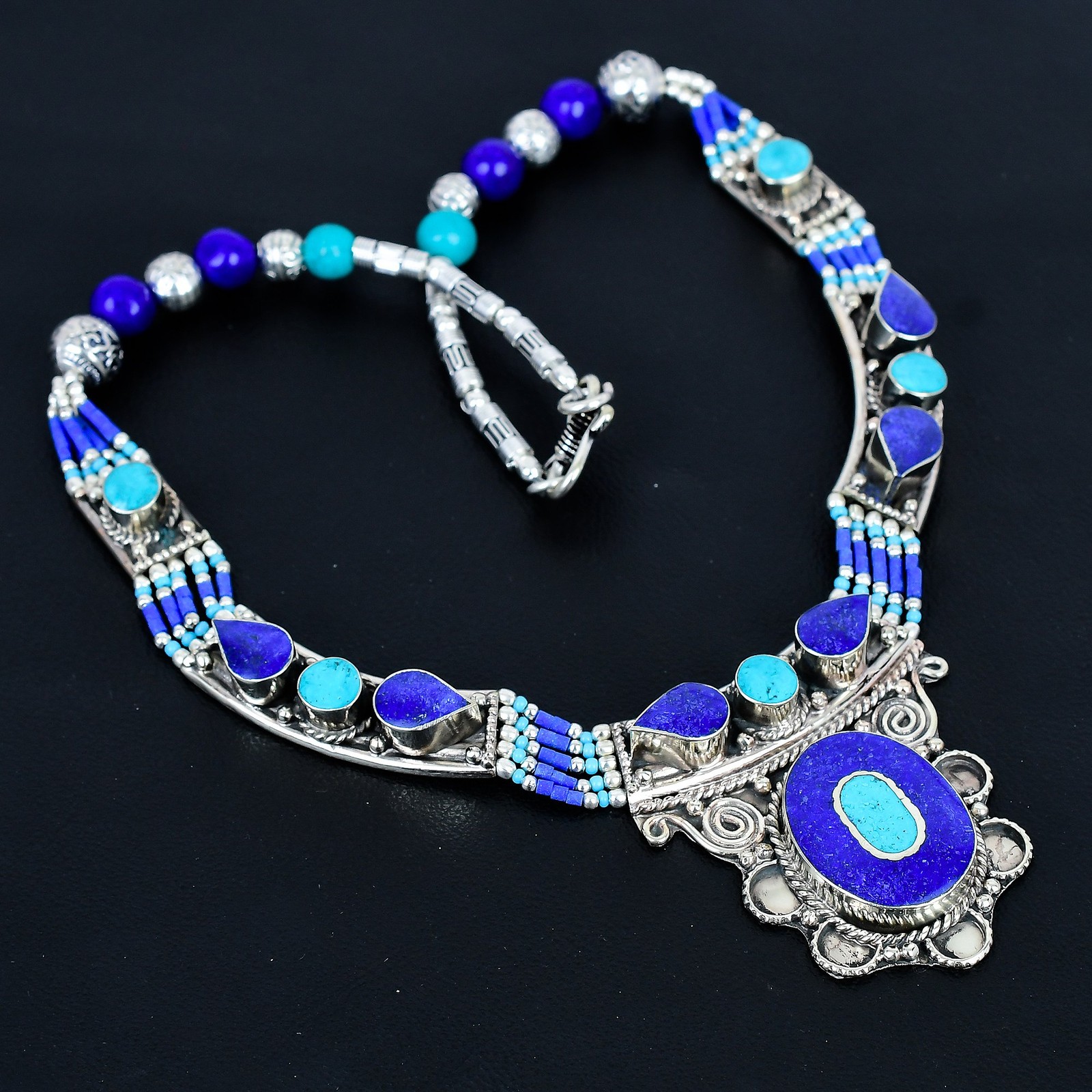 Turquoise Lapis Lazuli 925 Sterling Silver Handmade Tibetan Necklace 18″ PG116