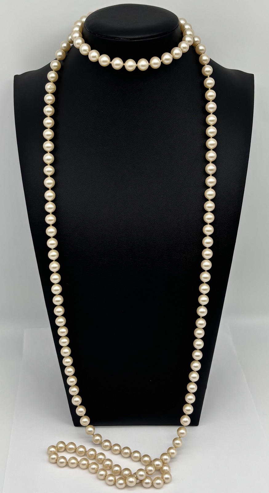 Vintage 10MM Faux Pearl Necklace Single Strand Opera Length Cream Color Unsigned