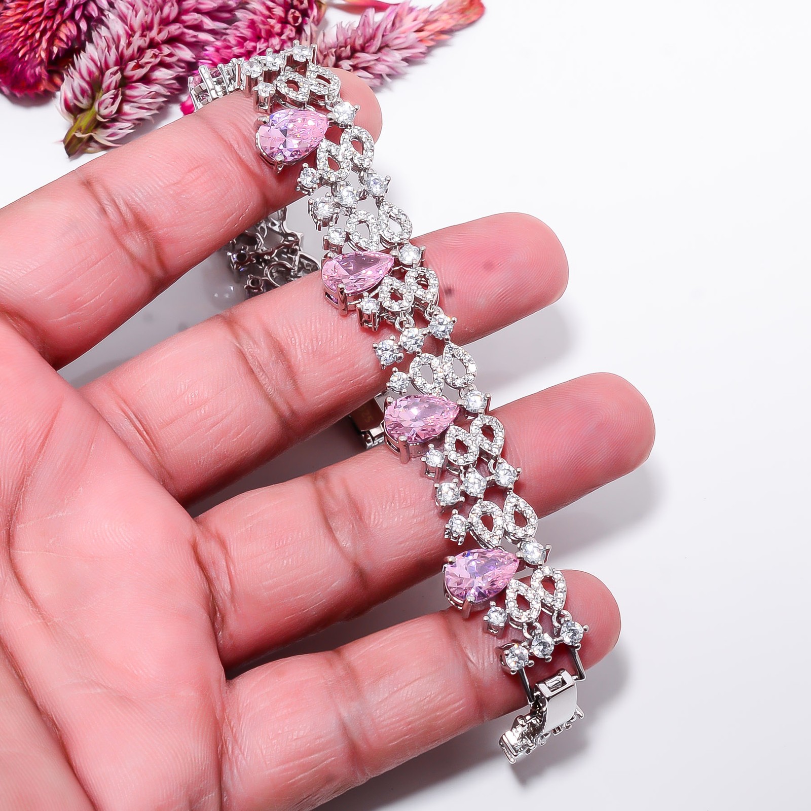 Pink Sapphire -Simulated, CZ 925 Sterling Silver Adjustable Bracelet 7-8″ B9918