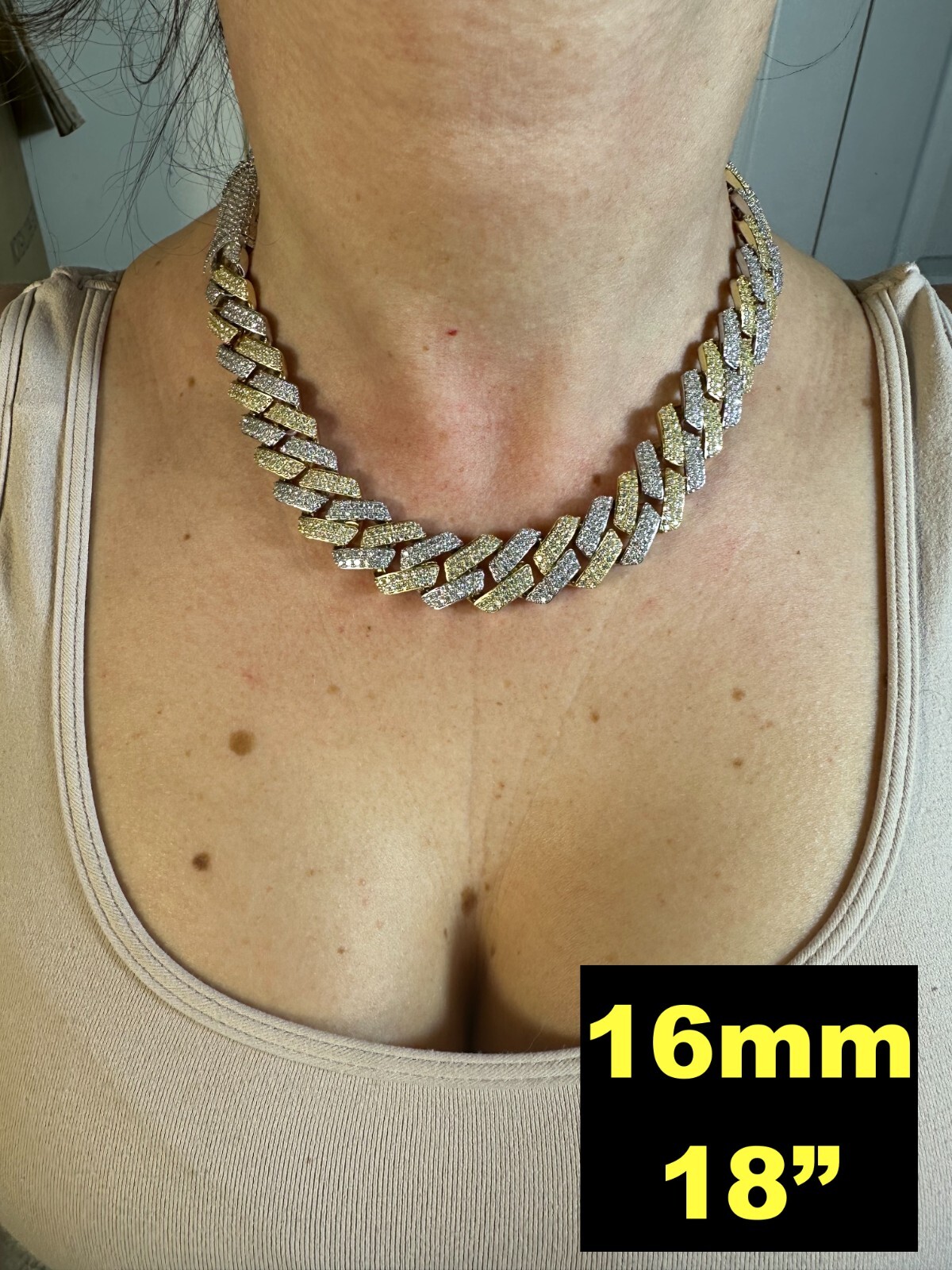 MOISSANITE Real Miami Cuban Link Prong Chain Ice Gold Plated 925 Silver Necklace