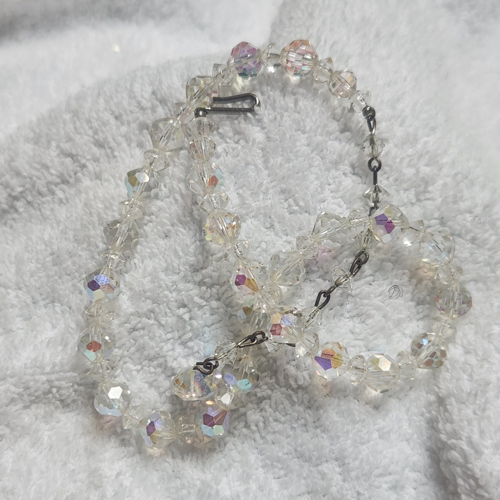 Vintage Aurora Borealis Crystal Bead Necklace Iridescent Faceted 15 Inch Hook