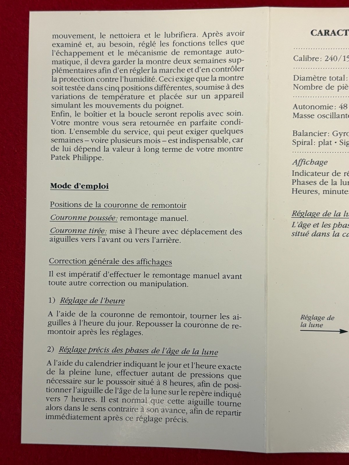 PATEK PHILIPPE 5015 ORIGINAL FACTORY INSTRUCTION MANUAL – FRENCH PRINT