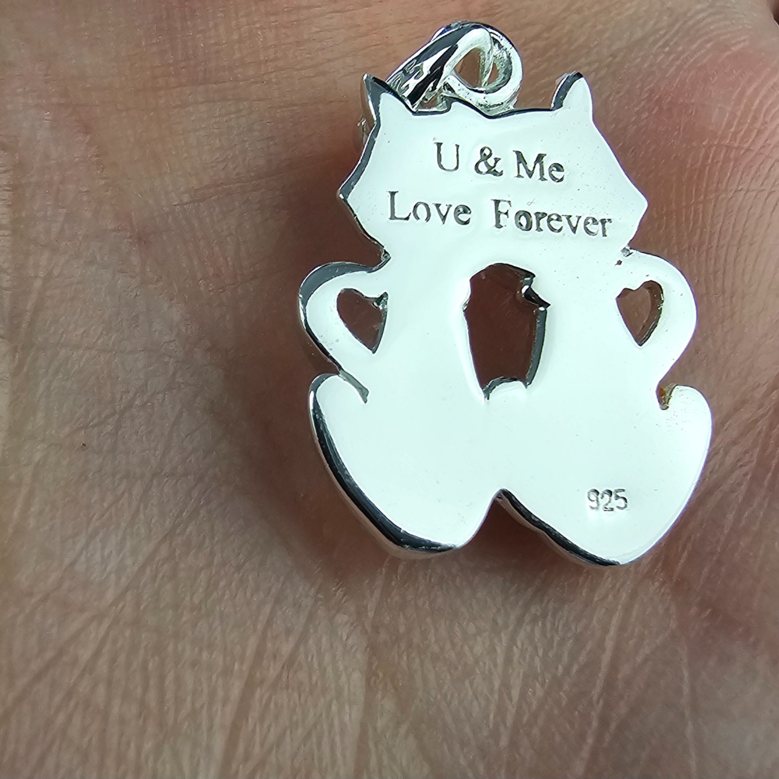 Solid 925 Silver “U & Me Love Forever” Engraved Cat Pendant With 20″ Italy Chain