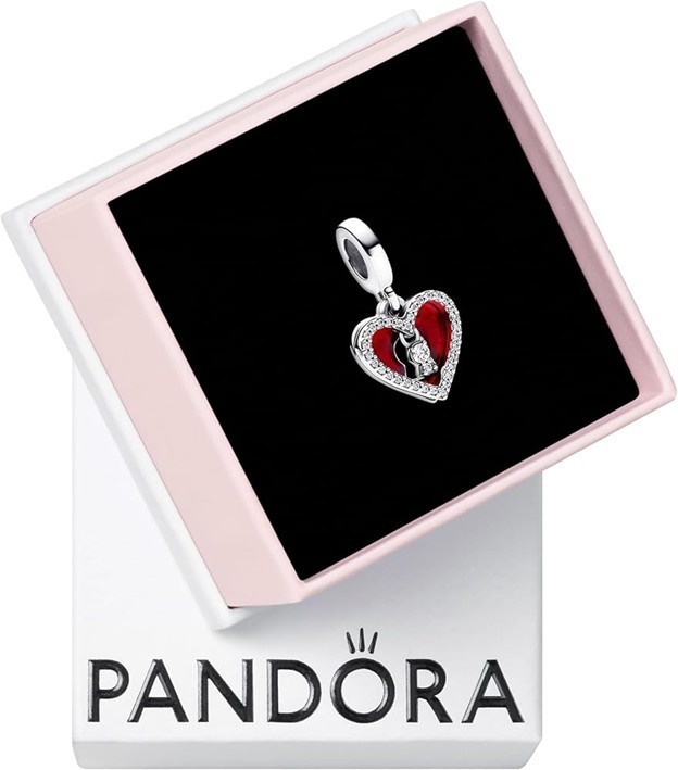 PANDORA #793119C01 Red Heart & Keyhole Double Dangle Charm w/Clear CZ