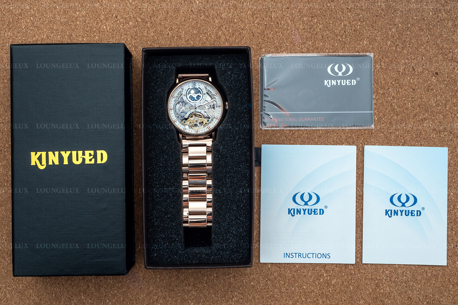 Mens Dual Time Flywheel Automatic Mechanical Watch Rose Gold Stainless Steel