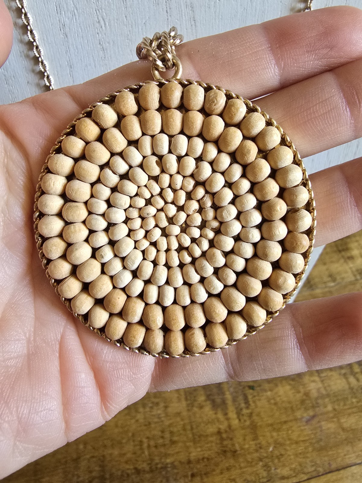 Plunder Pendant Necklace 32in Chain Wood Beads Fashion Natural Boho