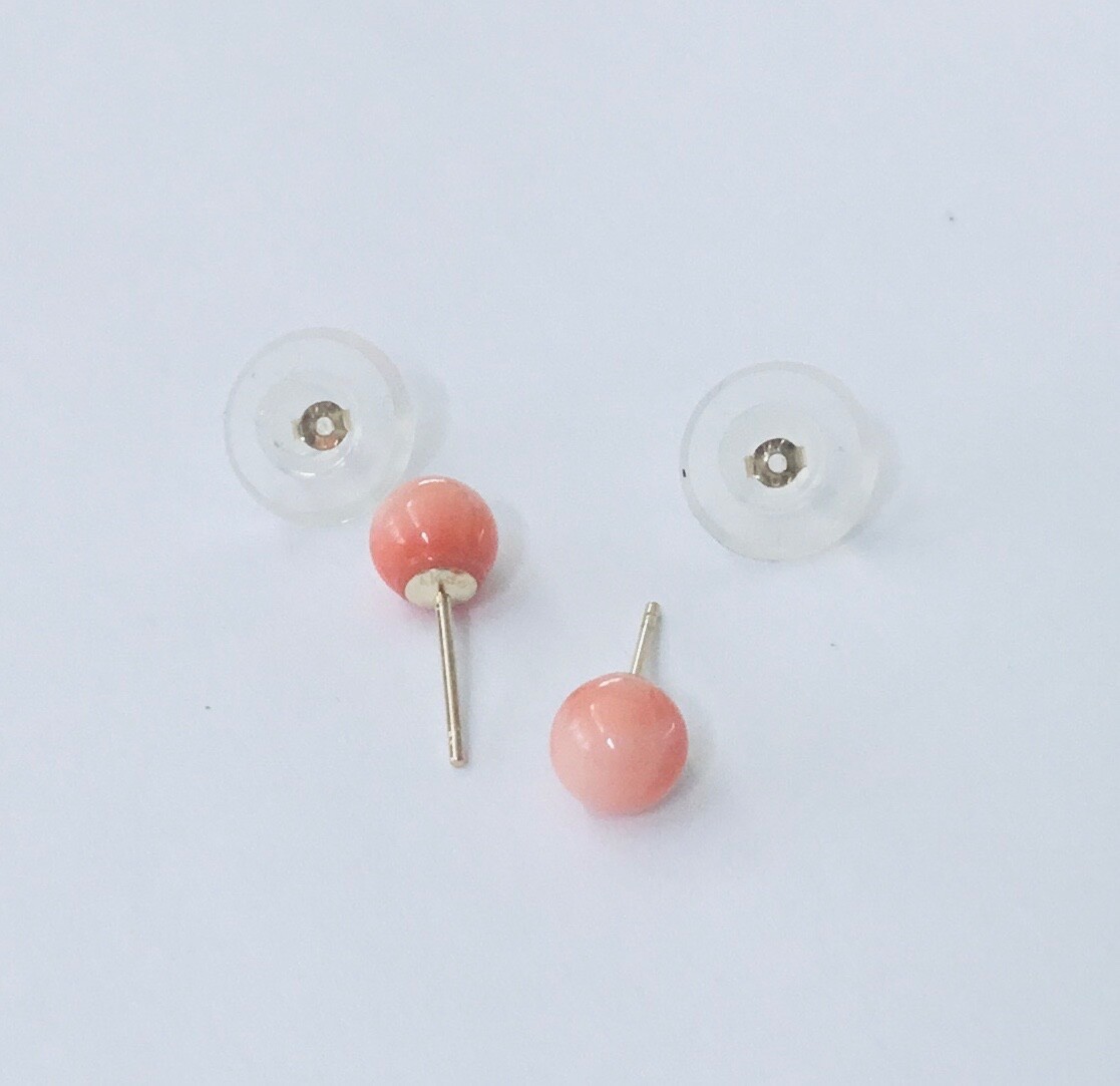 Small Natural Angel Skin Coral 5.4 – 6 mm Ball Solid 14K Gold Stud Earrings NEW