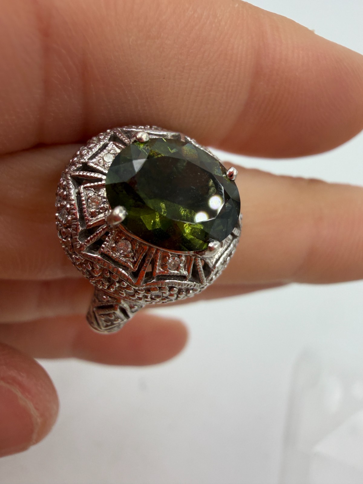 Sterling Silver Ring Olive Green Revival Deco Style Cocktail YSG Size 10 PX