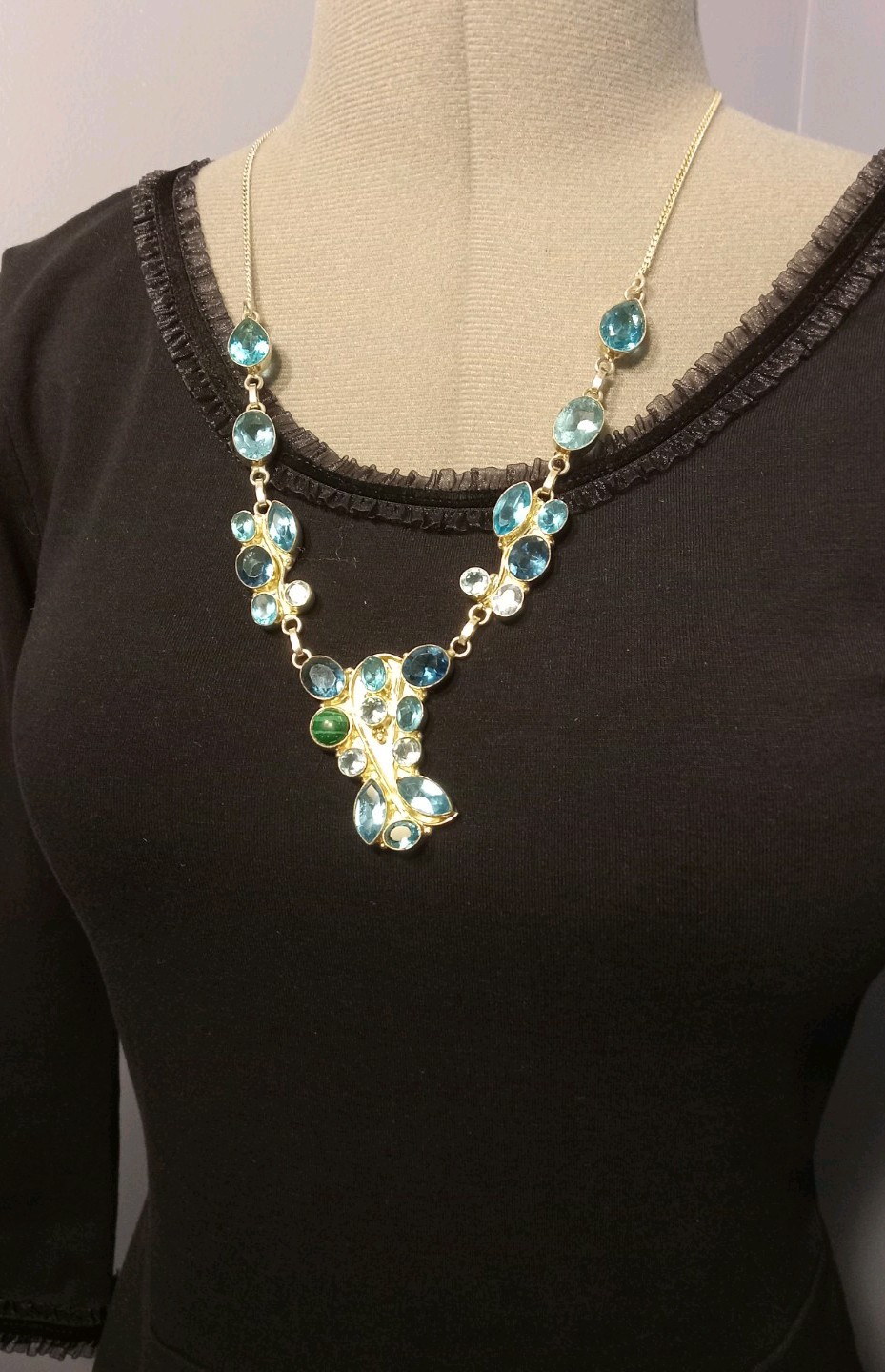 Vintage faceted blue topaz crystal silver metal statement necklace