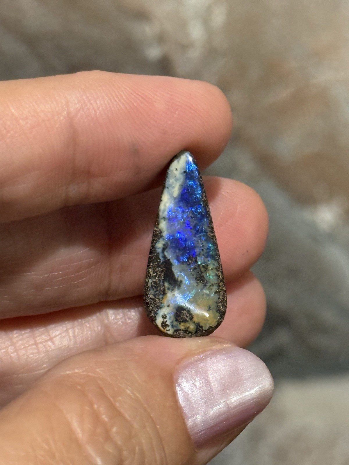 9.35ct 24x10x5mm Flashy Dark Blue Natural Boulder Australian Opal Drop Cabochon