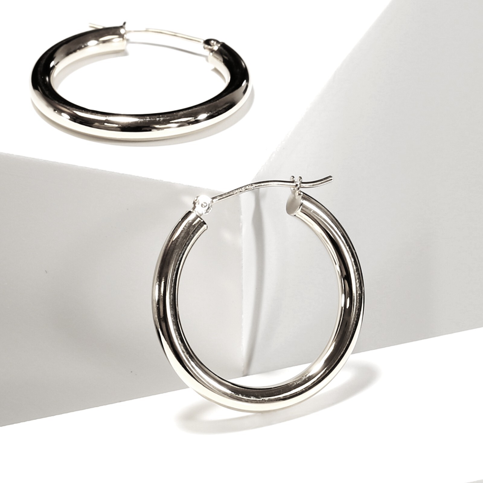 14K Solid White Gold Shiny Polished Round Chunky Creole Hoops Earrings All sizes