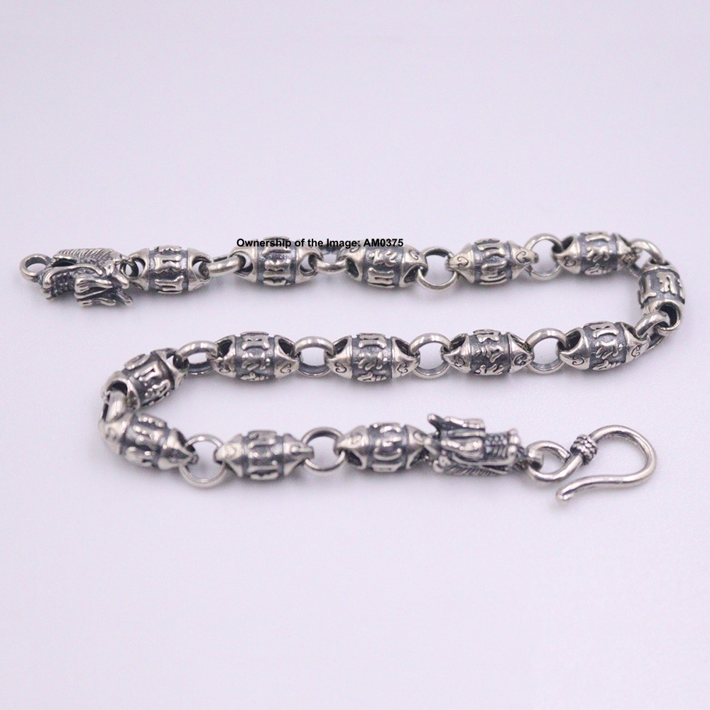 Solid 925 Sterling Silver Bracelet Six-Word Oval Bead Link Men Chain 8.26inch