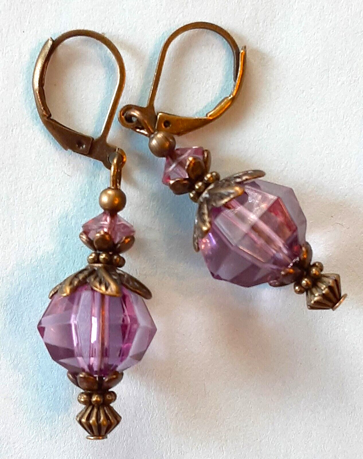 PLUM ACRYLIC CRYSTAL lightweight earrings BRONZE LEVER BACK artisan XX