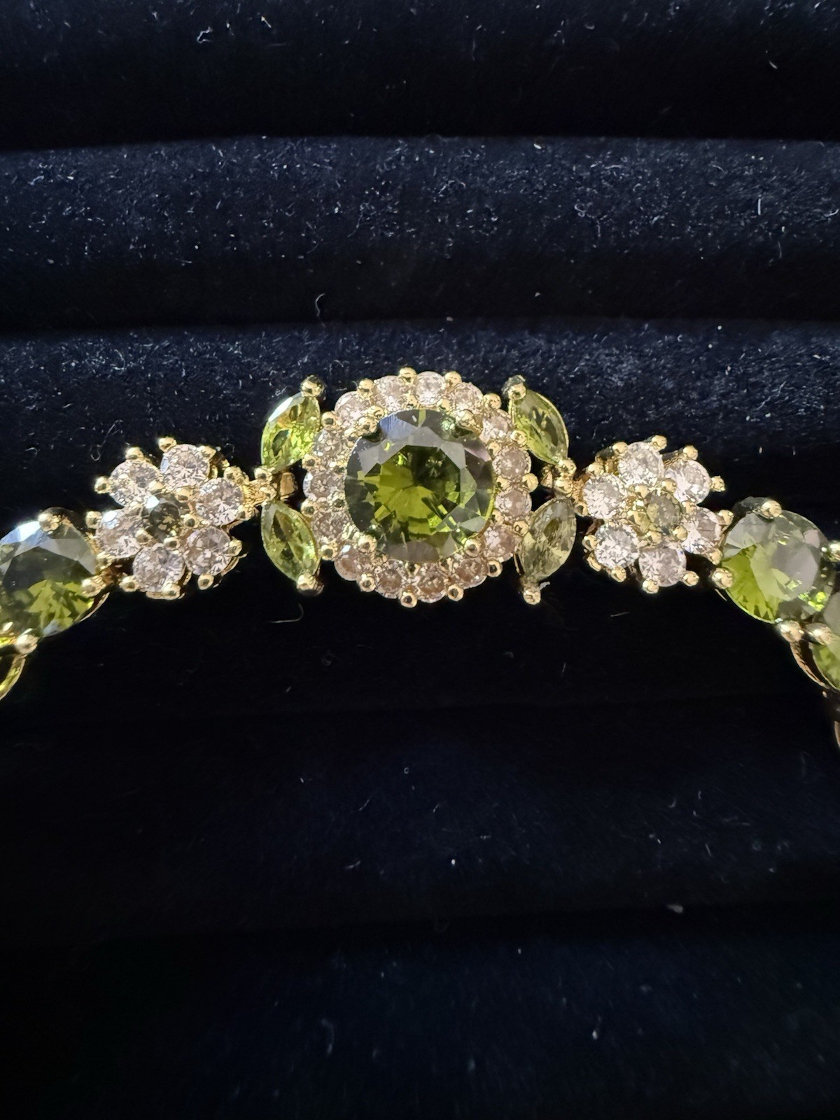 Yellow Gold Plated Green Round Stone Tennis Bracelet with Lobster Clasp