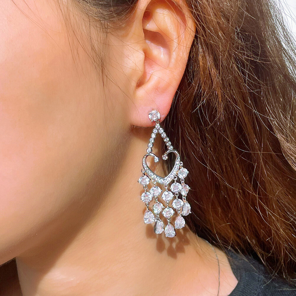 Dazzling Cubic Zirconia CZ Silver Plated Long Dangly Tassel Drop Wedding Earring
