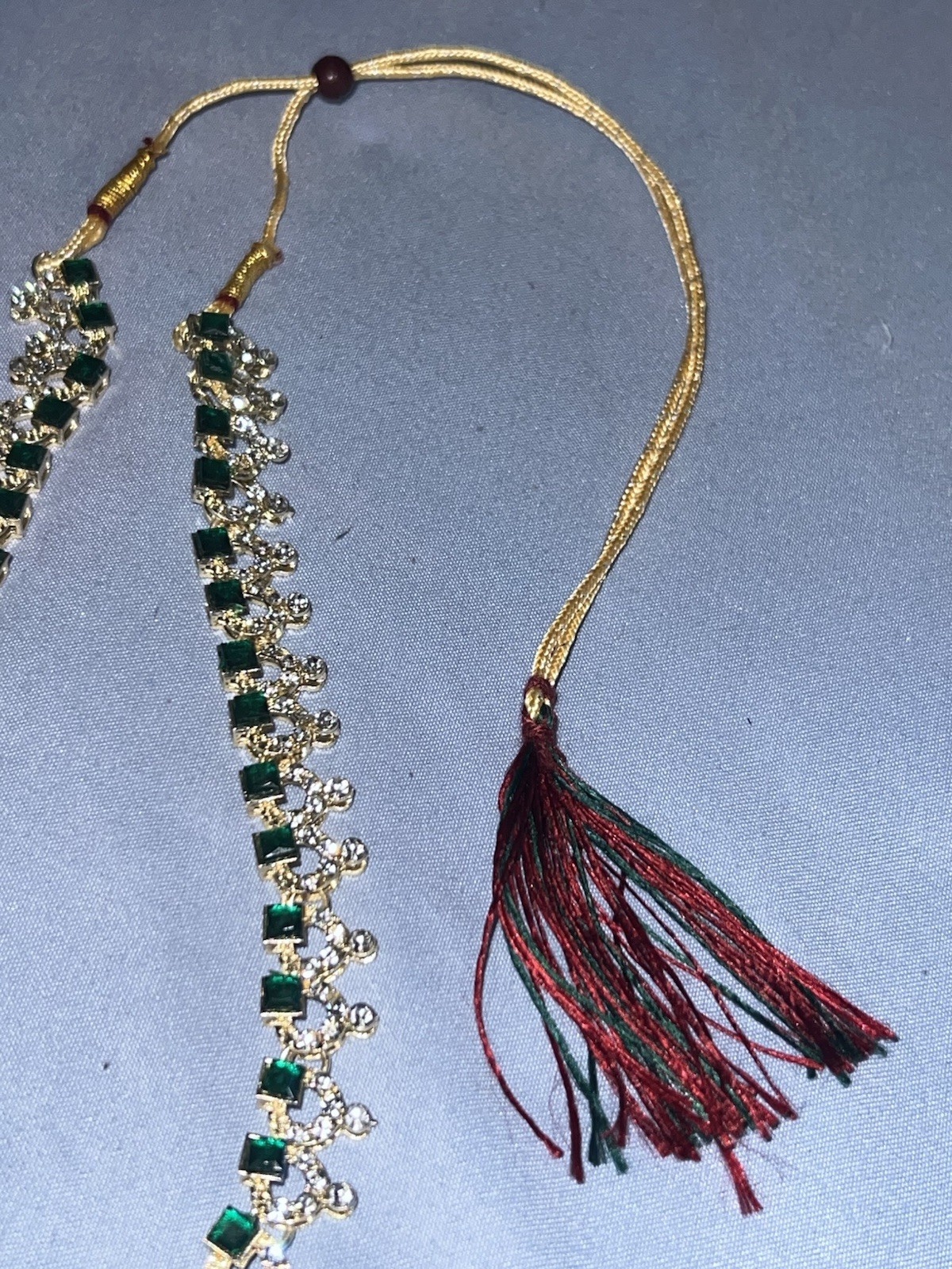Asian Ethnic Green and Silver Jewelry Set Necklace Ring Rectangular Stone