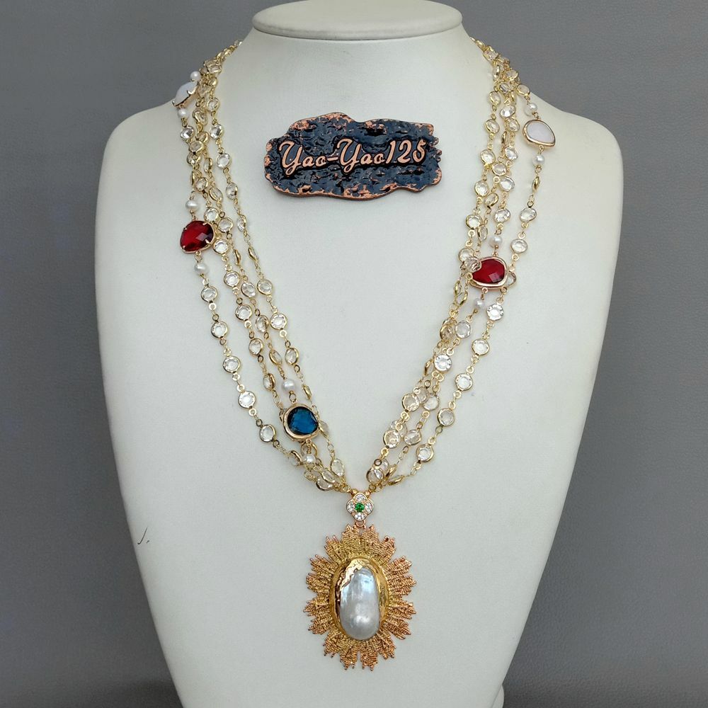 23” 4 Strands Crystal Chain Necklace Keshi Pearl Yellow Gold Plated Pendant