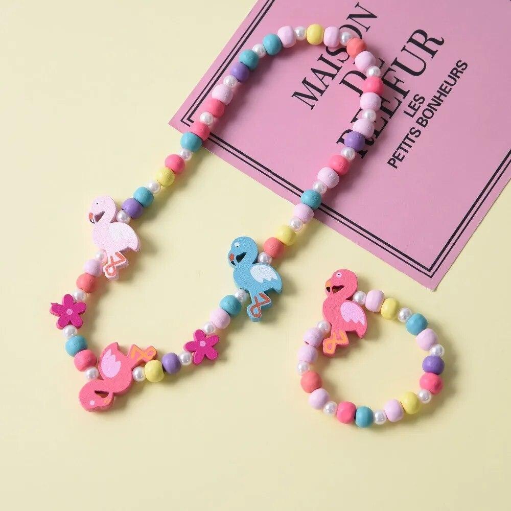 Colorful Wooden Unicorn Flower Animal Child Necklace Bracelet Girls gift Jewelry