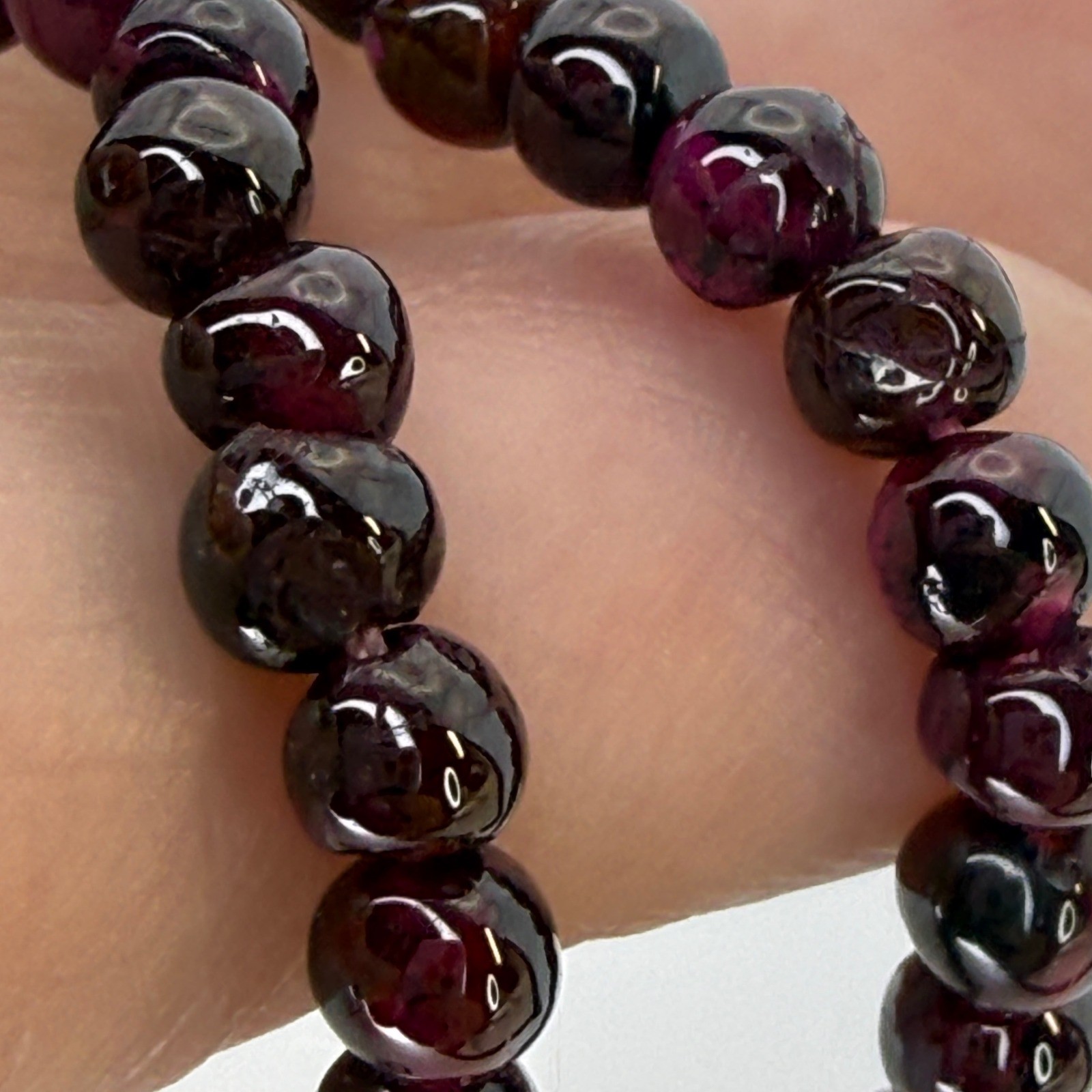 Vintage Round Garnet Bead Strand Necklace Sterling Silver Dark Red Burgundy