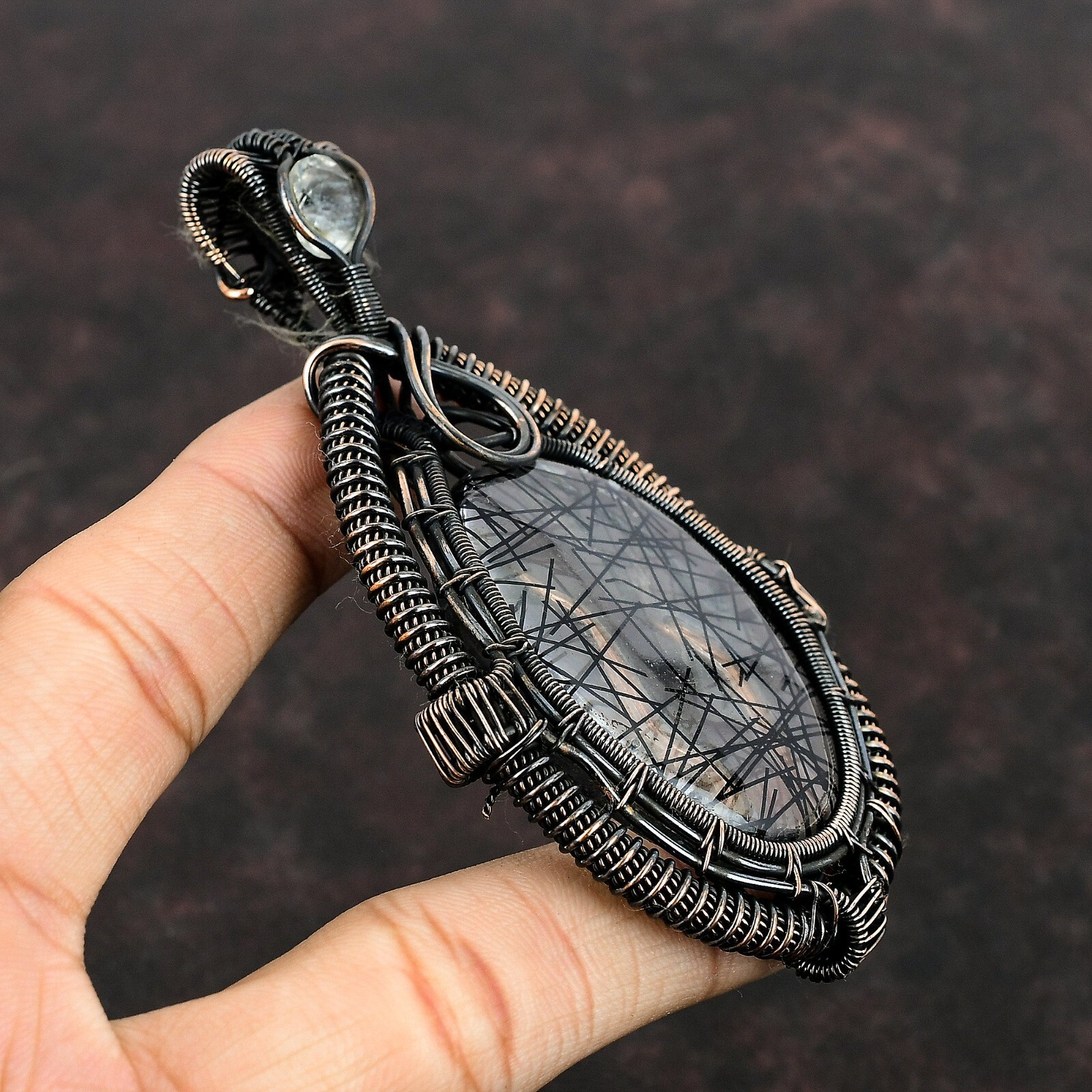 Black Rutile Jewelry Copper Gift For Bridesmaid Wire Wrapped Pendant 3.94″