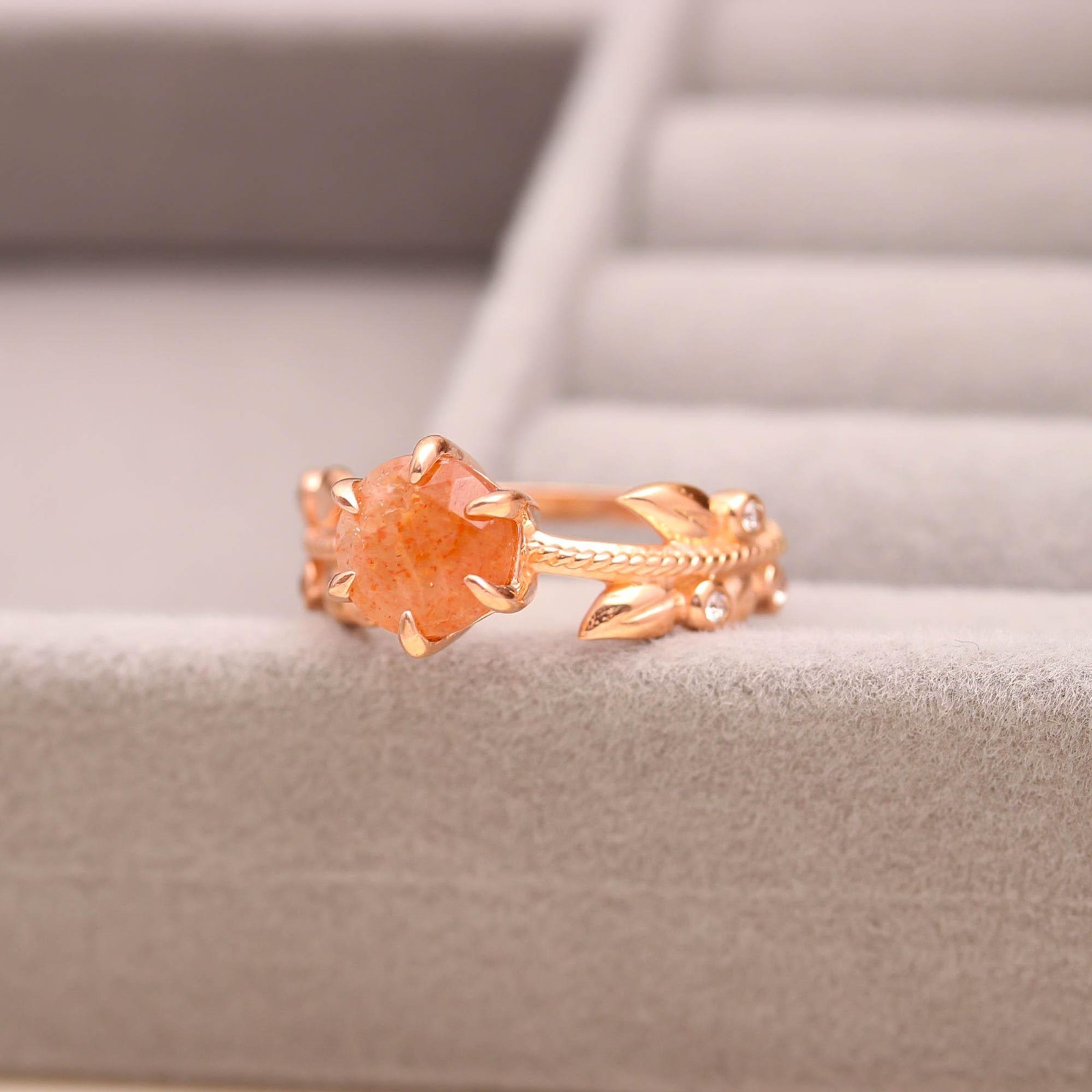 Natural Sunstone Round Cut Ring Rose Gold Fill 925Sterling Silver Dainty Jewelry