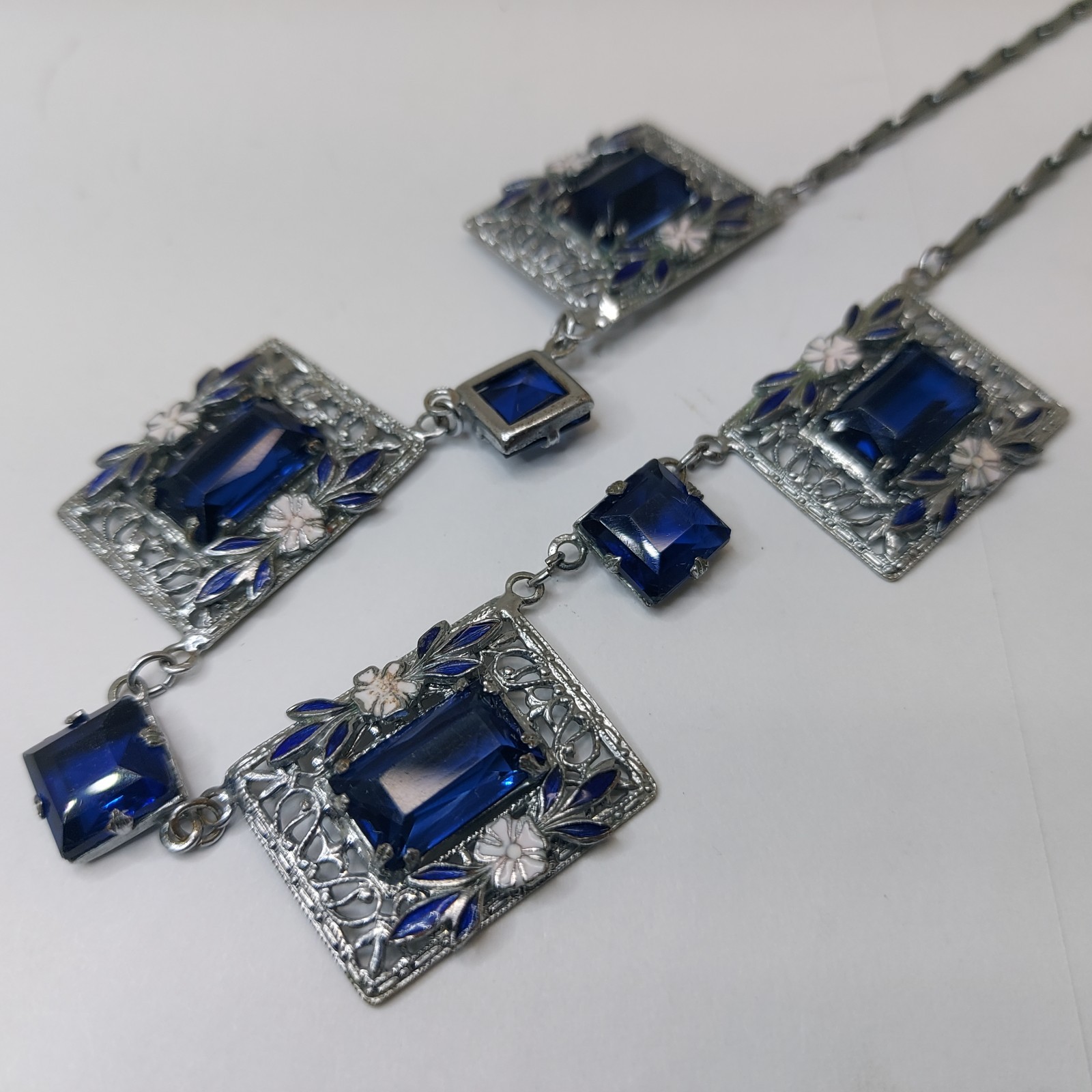 1920s Art Deco Czech Deep Blue Glass Enamel Flower Floral Filigree Necklace